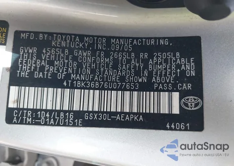 2006 Toyota Avalon Limited from USA, damaged, VIN 4T1BK36B76U077653